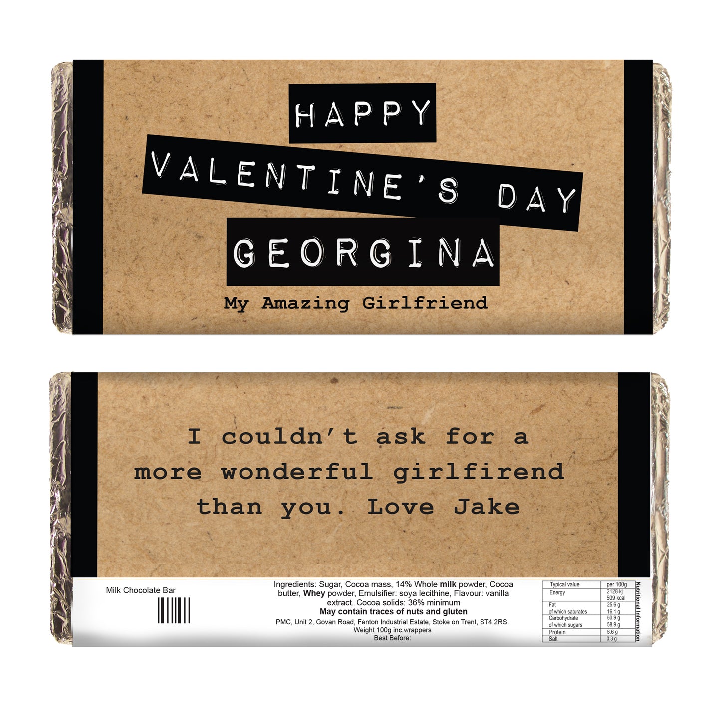 Personalised Valentine's Kraft Design Milk Chocolate Bar