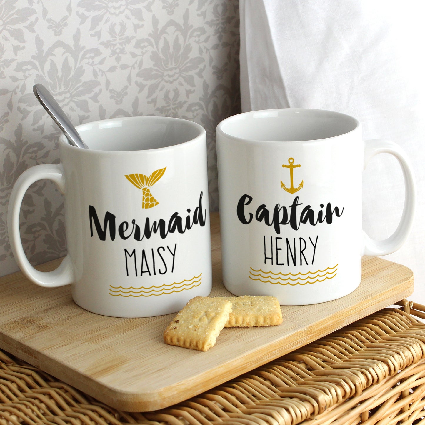 Personalised Mermaid and Captain Mug Set