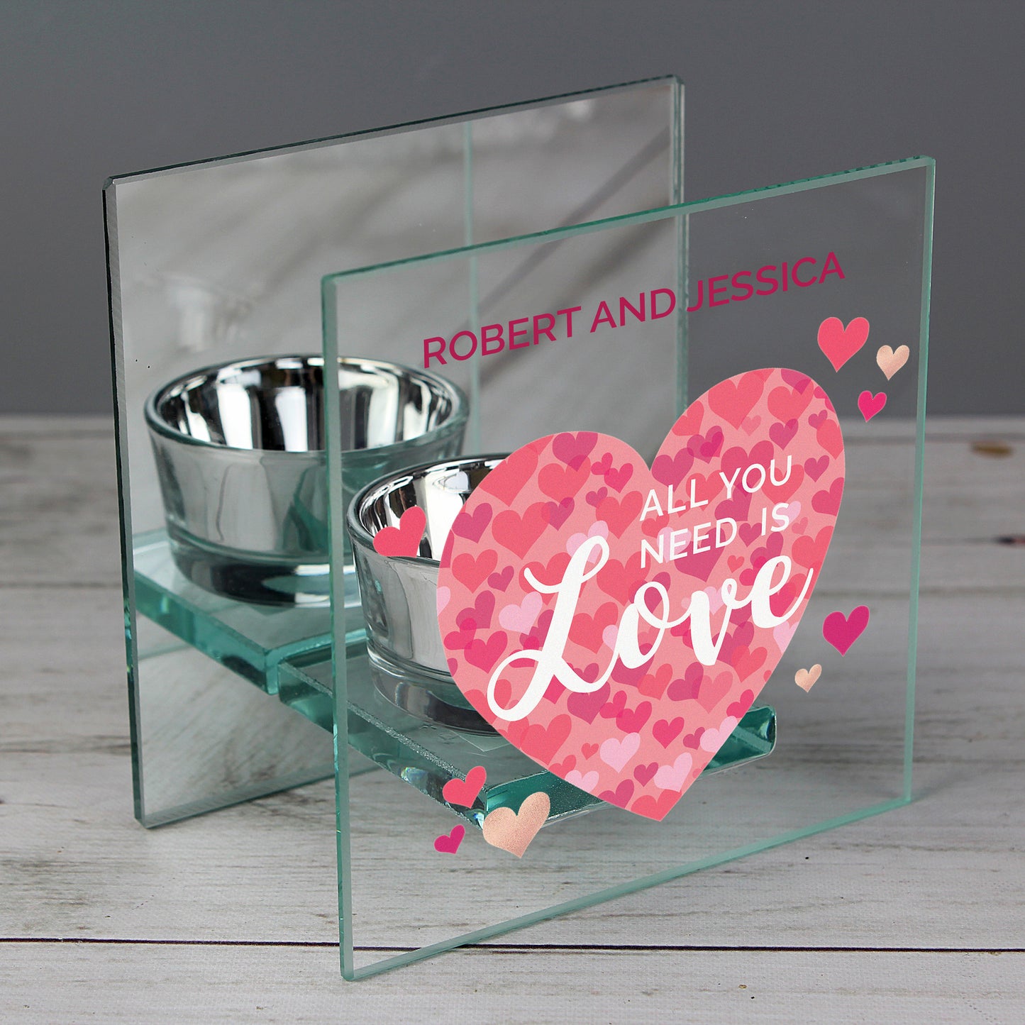 Personalised 'All You Need is Love' Confetti Hearts Glass Tea Light Candle Holder