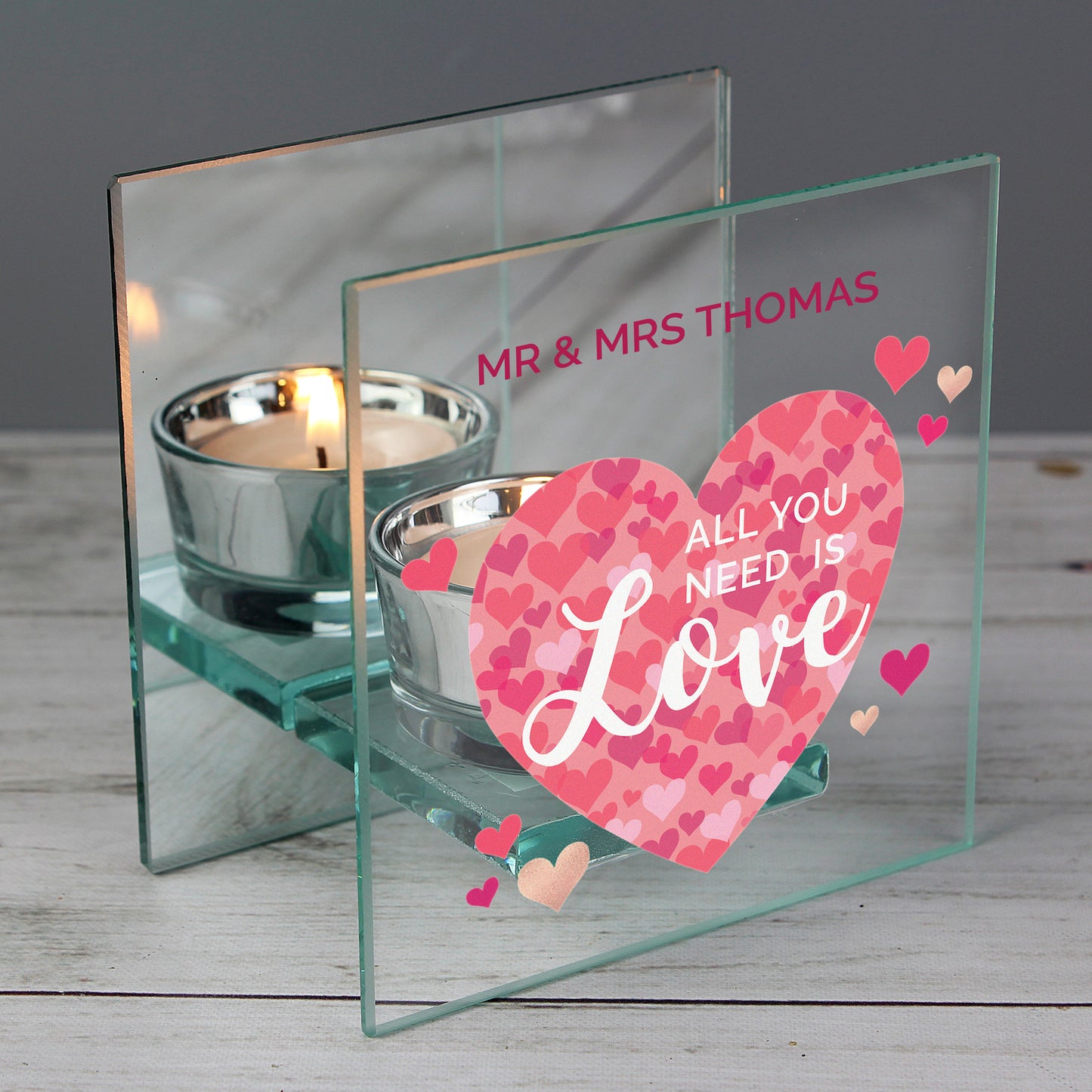 Personalised 'All You Need is Love' Confetti Hearts Glass Tea Light Candle Holder