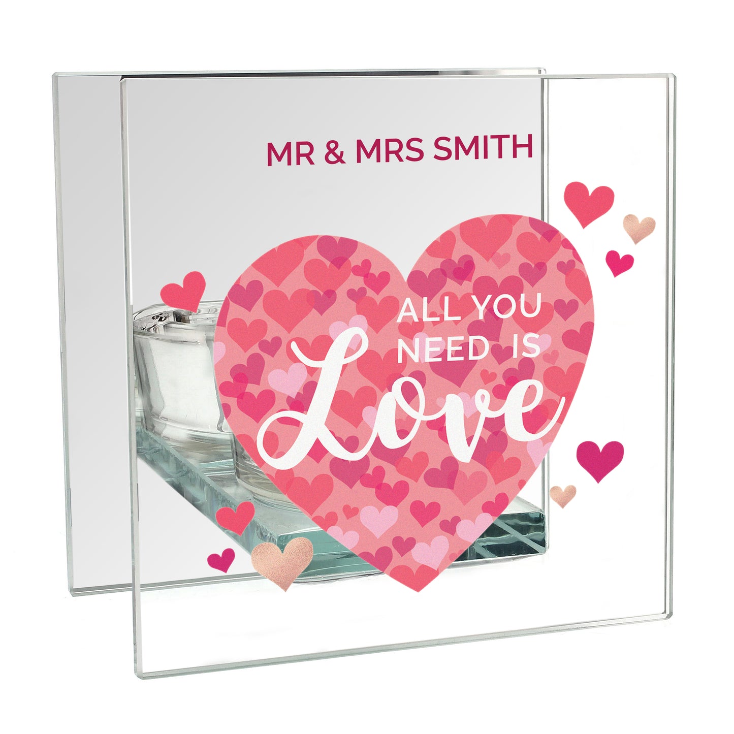 Personalised 'All You Need is Love' Confetti Hearts Glass Tea Light Candle Holder