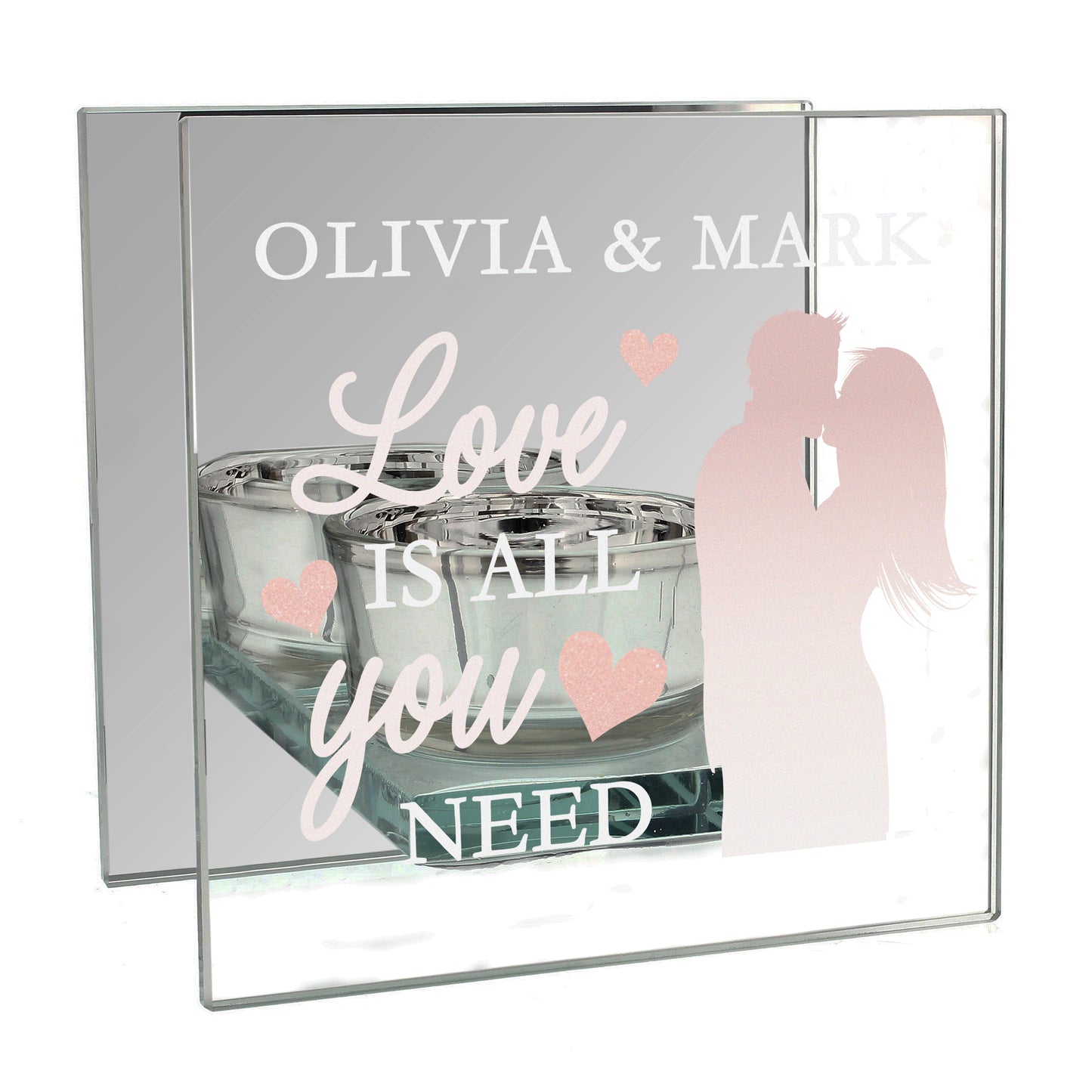 Personalised 'Love is All You Need' Mirrored Glass Tea Light Candle Holder