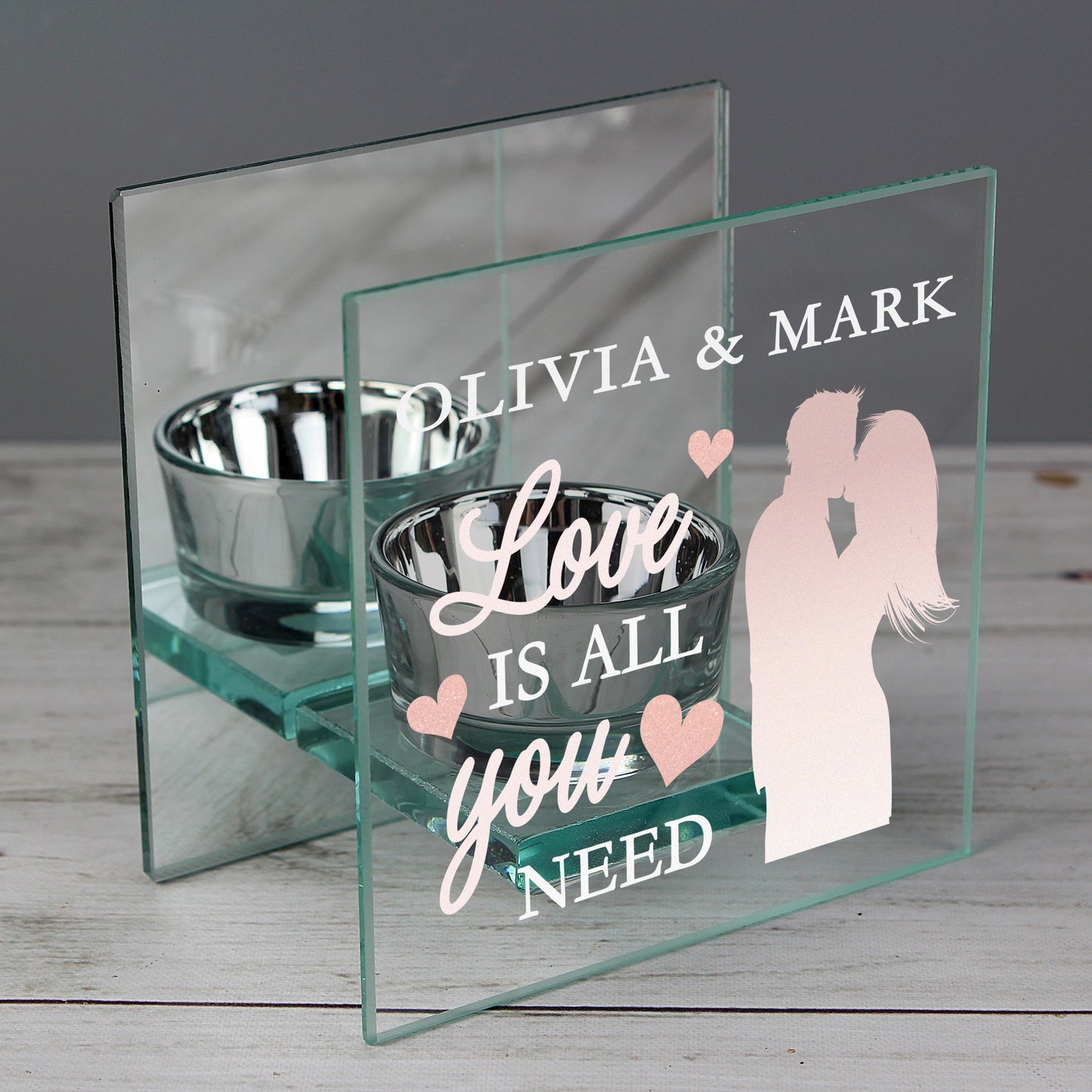 Personalised 'Love is All You Need' Mirrored Glass Tea Light Candle Holder